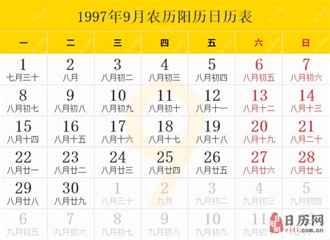 1997是什么年|1997年日历表,1997年农历表（阴历阳历节日对照表）